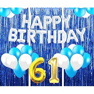 flyloons 61st birthday decoration items for girls with blue and white balloons silver happy birthday banner blue foil curtains foil balloon number 61