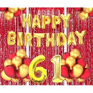 flyloons 61st birthday decoration items for girls boys husband wife valentine with gold and red balloons golden happy birthday banner red foil curtains foil balloon number 61