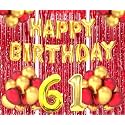 Flyloons 61st Birthday Decoration items for Girls Boys Husband Wife Valentine with Gold and Red Balloons, Golden Happy Birthday Banner, Red Foil curtains, Foil Balloon number 61