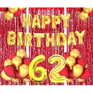 flyloons 62nd birthday decoration items for girls boys husband wife valentine with gold and red balloons golden happy birthday banner red foil curtains foil balloon number 62