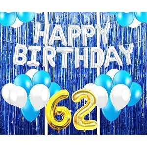 flyloons 62nd birthday decoration items for girls with blue and white balloons silver happy birthday banner blue foil curtains foil balloon number 62