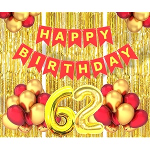 flyloons 62nd birthday decoration items for girls boys husband wife valentine with gold and red balloons red happy birthday banner golden foil curtains foil balloon number 62