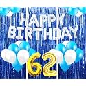 Flyloons 62nd Birthday Decoration items for Girls with Blue and White Balloons, Silver Happy Birthday Banner, Blue Foil curtains, Foil Balloon number 62