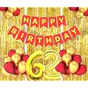 Flyloons 62nd Birthday Decoration items for Girls Boys Husband Wife Valentine with Gold and Red Balloons, Red Happy Birthday Banner, Golden Foil curtains, Foil Balloon number 62