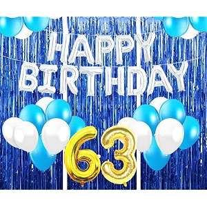 flyloons 63rd birthday decoration items for girls with blue and white balloons silver happy birthday banner blue foil curtains foil balloon number 63
