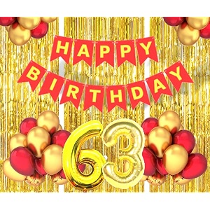 flyloons 63rd birthday decoration items for girls boys husband wife valentine with gold and red balloons red happy birthday banner golden foil curtains foil balloon number 63
