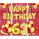 Flyloons 63rd Birthday Decoration items for Girls Boys Husband Wife Valentine with Gold and Red Balloons, Golden Happy Birthday Banner, Red Foil curtains, Foil Balloon number 63