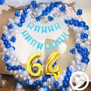 flyloons 64th birthday decoration items for boys with blue silver and white balloons blue happy birthday banner arch tape foil balloon number 64