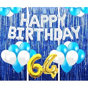 flyloons 64th birthday decoration items for girls with blue and white balloons silver happy birthday banner blue foil curtains foil balloon number 64