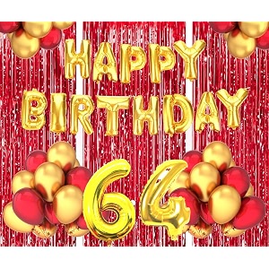 flyloons 64th birthday decoration items for girls boys husband wife valentine with gold and red balloons golden happy birthday banner red foil curtains foil balloon number 64