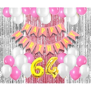 flyloons 64th birthday decoration items for girls with pink and white balloons pink happy birthday banner pink and silver foil curtain foil balloon number 64