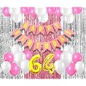 Flyloons 64th Birthday Decoration items for Girls with Pink and White Balloons, Pink Happy Birthday Banner, Pink and Silver Foil Curtain, Foil Balloon number 64