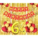 Flyloons 64th Birthday Decoration items for Girls Boys Husband Wife Valentine with Gold and Red Balloons, Red Happy Birthday Banner, Golden Foil curtains, Foil Balloon number 64