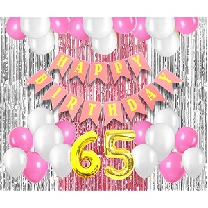 flyloons 65th birthday decoration items for girls with pink and white balloons pink happy birthday banner pink and silver foil curtain foil balloon number 65
