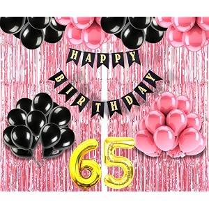 flyloons 65th birthday decoration items for girls with black and pink balloons black happy birthday banner pink foil curtain foil balloon number 65