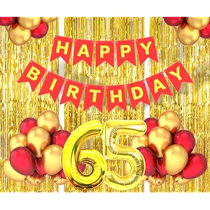 flyloons 65th birthday decoration items for girls boys husband wife valentine with gold and red balloons red happy birthday banner golden foil curtains foil balloon number 65