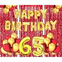 Flyloons 65th Birthday Decoration items for Girls Boys Husband Wife Valentine with Gold and Red Balloons, Golden Happy Birthday Banner, Red Foil curtains, Foil Balloon number 65