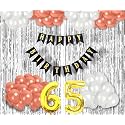 Flyloons 65th Birthday Decoration items for Girls with Rose Gold and White Balloons, Black Happy Birthday Banner, Silver Foil Curtain, Foil Balloon number 65