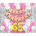 Flyloons 65th Birthday Decoration items for Girls with Pink and White Balloons, Pink Happy Birthday Banner, Pink and Silver Foil Curtain, Foil Balloon number 65
