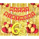 Flyloons 65th Birthday Decoration items for Girls Boys Husband Wife Valentine with Gold and Red Balloons, Red Happy Birthday Banner, Golden Foil curtains, Foil Balloon number 65