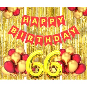 flyloons 66th birthday decoration items for girls boys husband wife valentine with gold and red balloons red happy birthday banner golden foil curtains foil balloon number 66
