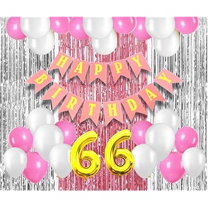 flyloons 66th birthday decoration items for girls with pink and white balloons pink happy birthday banner pink and silver foil curtain foil balloon number 66