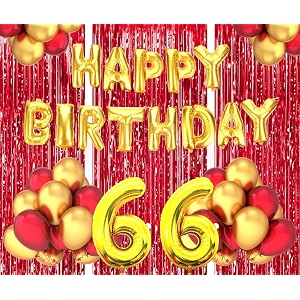 flyloons 66th birthday decoration items for girls boys husband wife valentine with gold and red balloons golden happy birthday banner red foil curtains foil balloon number 66