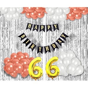 flyloons 66th birthday decoration items for girls with rose gold and white balloons black happy birthday banner silver foil curtain foil balloon number 66