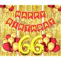 Flyloons 66th Birthday Decoration items for Girls Boys Husband Wife Valentine with Gold and Red Balloons, Red Happy Birthday Banner, Golden Foil curtains, Foil Balloon number 66
