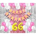 Flyloons 66th Birthday Decoration items for Girls with Pink and White Balloons, Pink Happy Birthday Banner, Pink and Silver Foil Curtain, Foil Balloon number 66