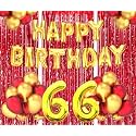 Flyloons 66th Birthday Decoration items for Girls Boys Husband Wife Valentine with Gold and Red Balloons, Golden Happy Birthday Banner, Red Foil curtains, Foil Balloon number 66
