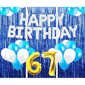flyloons 67th birthday decoration items for girls with blue and white balloons silver happy birthday banner blue foil curtains foil balloon number 67