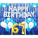 Flyloons 67th Birthday Decoration items for Girls with Blue and White Balloons, Silver Happy Birthday Banner, Blue Foil curtains, Foil Balloon number 67