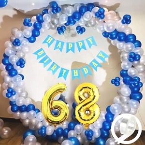 flyloons 68th birthday decoration items for boys with blue silver and white balloons blue happy birthday banner arch tape foil balloon number 68