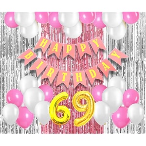 flyloons 69th birthday decoration items for girls with pink and white balloons pink happy birthday banner pink and silver foil curtain foil balloon number 69