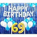 Flyloons 69th Birthday Decoration items for Girls with Blue and White Balloons, Silver Happy Birthday Banner, Blue Foil curtains, Foil Balloon number 69