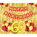 Flyloons 69th Birthday Decoration items for Girls Boys Husband Wife Valentine with Gold and Red Balloons, Red Happy Birthday Banner, Golden Foil curtains, Foil Balloon number 69