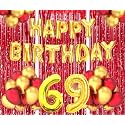 Flyloons 69th Birthday Decoration items for Girls Boys Husband Wife Valentine with Gold and Red Balloons, Golden Happy Birthday Banner, Red Foil curtains, Foil Balloon number 69