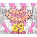 Flyloons 69th Birthday Decoration items for Girls with Pink and White Balloons, Pink Happy Birthday Banner, Pink and Silver Foil Curtain, Foil Balloon number 69
