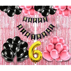 flyloons 6th birthday decoration items for girls with black and pink balloons black happy birthday banner pink foil curtain foil balloon number 6