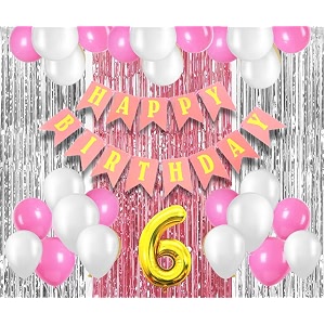 flyloons 6th birthday decoration items for girls with pink and white balloons pink happy birthday banner pink and silver foil curtain foil balloon number 6