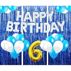 flyloons 6th birthday decoration items for girls with blue and white balloons silver happy birthday banner blue foil curtains foil balloon number 6