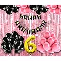 Flyloons 6th Birthday Decoration items for Girls with Black and Pink Balloons, Black Happy Birthday Banner, Pink Foil Curtain, Foil Balloon number 6