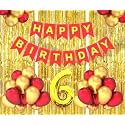 Flyloons 6th Birthday Decoration items for Girls Boys Husband Wife Valentine with Gold and Red Balloons, Red Happy Birthday Banner, Golden Foil curtains, Foil Balloon number 6