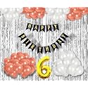 Flyloons 6th Birthday Decoration items for Girls with Rose Gold and White Balloons, Black Happy Birthday Banner, Silver Foil Curtain, Foil Balloon number 6
