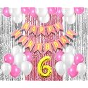 Flyloons 6th Birthday Decoration items for Girls with Pink and White Balloons, Pink Happy Birthday Banner, Pink and Silver Foil Curtain, Foil Balloon number 6