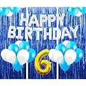 Flyloons 6th Birthday Decoration items for Girls with Blue and White Balloons, Silver Happy Birthday Banner, Blue Foil curtains, Foil Balloon number 6