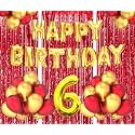 Flyloons 6th Birthday Decoration items for Girls Boys Husband Wife Valentine with Gold and Red Balloons, Golden Happy Birthday Banner, Red Foil curtains, Foil Balloon number 6