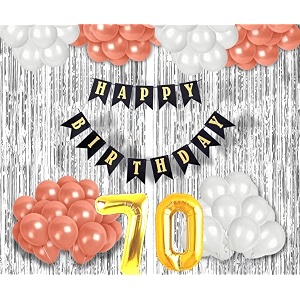 flyloons 70th birthday decoration items for girls with rose gold and white balloons black happy birthday banner silver foil curtain foil balloon number 70