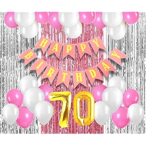 flyloons 70th birthday decoration items for girls with pink and white balloons pink happy birthday banner pink and silver foil curtain foil balloon number 70